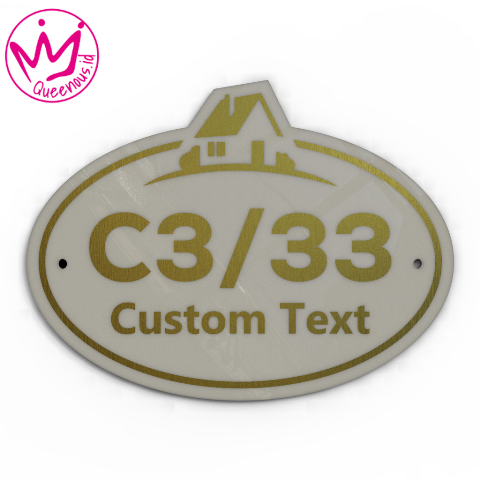 Akrilik Papan/Plat Tanda Nomor Rumah Custom Nomor & Text - Ukuran 20x15cm Bentuk Oval Motif Siluet Rumah Estetik Akrilik 2mm + Paint Laser Cutting Modern Queenous.id