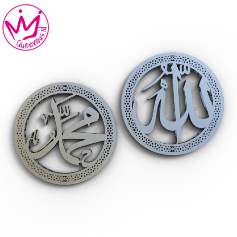 1 Set Kaligrafi Akrilik Lafadz Allah & Muhammad Frame Bulat Motif Estetik - Custom Ukuran Akrilik 2mm Laser Cutting Modern Queenous.id