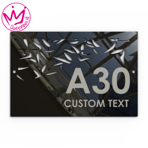 Akrilik Papan/Plat Tanda Nomor Rumah Custom Nomor & Text - Ukuran 32x20cm Motif Bamboo Leaf Akrilik 2mm + Paint Laser Cutting Modern Queenous.id