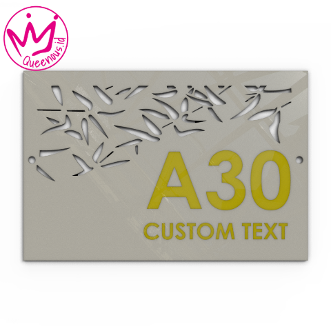 Akrilik Papan/Plat Tanda Nomor Rumah Custom Nomor & Text - Ukuran 32x20cm Motif Bamboo Leaf Akrilik 2mm + Paint Laser Cutting Modern Queenous.id