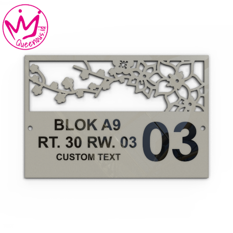 Akrilik Papan/Plat Tanda Nomor Rumah Custom Nomor & Text - Ukuran 30x20cm Motif Floral Cantik Akrilik 2mm + Paint Laser Cutting Modern Queenous.id