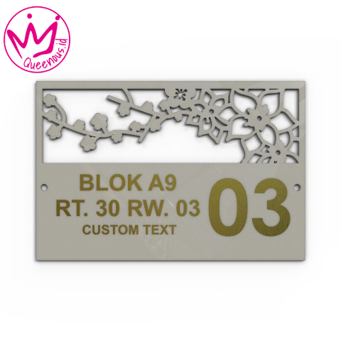 Akrilik Papan/Plat Tanda Nomor Rumah Custom Nomor & Text - Ukuran 30x20cm Motif Floral Cantik Akrilik 2mm + Paint Laser Cutting Modern Queenous.id