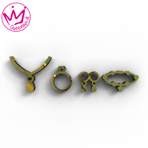 Akrilik Replika 1 Set Perhiasan Mini Dekorasi Mahar / Seserahan - Akrilik 2mm Mirror Gold/Silver/Rose Gold Laser Cutting Modern Queenous.id