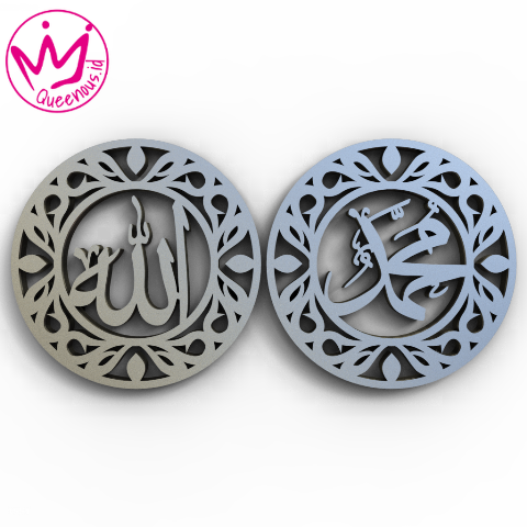 1 Set Kaligrafi Akrilik Lafadz Allah & Muhammad Motif Estetik Frame Bulat - Ukuran 30x30cm Akrilik 2mm Laser Cutting Modern Queenous.id