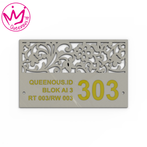 Akrlik Plat/Papan Nomor Rumah Custom Nomor & Text Motif Floral Estetik - Ukura 32x20cm Akrilik 2mm + Paint Laser Cutting Modern Queenous.id