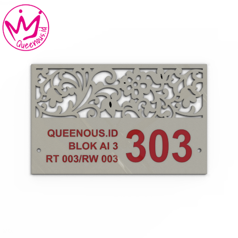 Akrlik Plat/Papan Nomor Rumah Custom Nomor & Text Motif Floral Estetik - Ukura 32x20cm Akrilik 2mm + Paint Laser Cutting Modern Queenous.id