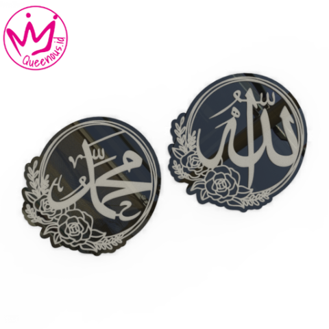 1 Set Kaligrafi Akrilik Mirror Timbul Lafadz Allah & Muhammad Motif Floral Estetik Mewah - Custom Ukuran Medium Akrilik 2mm + Akrilik 2mm Laser Cutting Modern Queenous.id