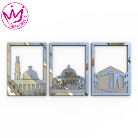 Akrilik Mirror Timbul Hiasan/Dekorasi Dinding "Masjid Nabawi, Ka'bah 3D, Masjid Al-Aqsa" - Custom Ukuran Akrilik 2mm + Akrilik 2mm Laser Cutting Modern Queenous.id