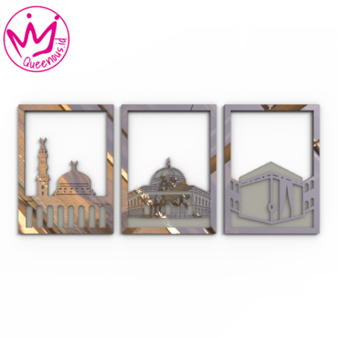 Akrilik Mirror Timbul Hiasan/Dekorasi Dinding "Masjid Nabawi, Ka'bah 3D, Masjid Al-Aqsa" - Custom Ukuran Akrilik 2mm + Akrilik 2mm Laser Cutting Modern Queenous.id