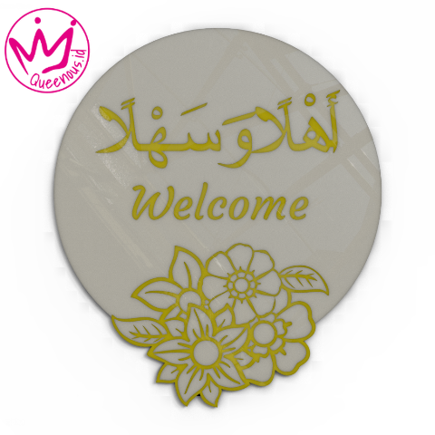 Kalgirafi Akrilik Kalimat "Ahlan Wa Sahlan, Welcome" Motif Floral Cantik Estetik - Custom Ukuran Akrilik 2mm + Paint Laser Cutting Modern Queenous.id