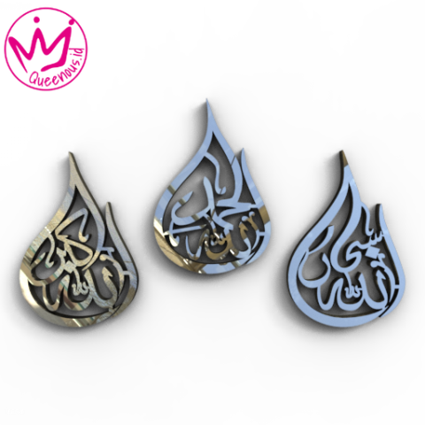 1 Set Kaligrafi Kalimat Tasbih, Tashmid, Takbir "Subhanallah, Alhamdulillah, Allahuakbar" Model Water Drop/Tetes Air Estetik Hiasan Dinding Islami - Ukuran 30x20cm Akrilik 2mm Laser Cutting Modern Queenous.id